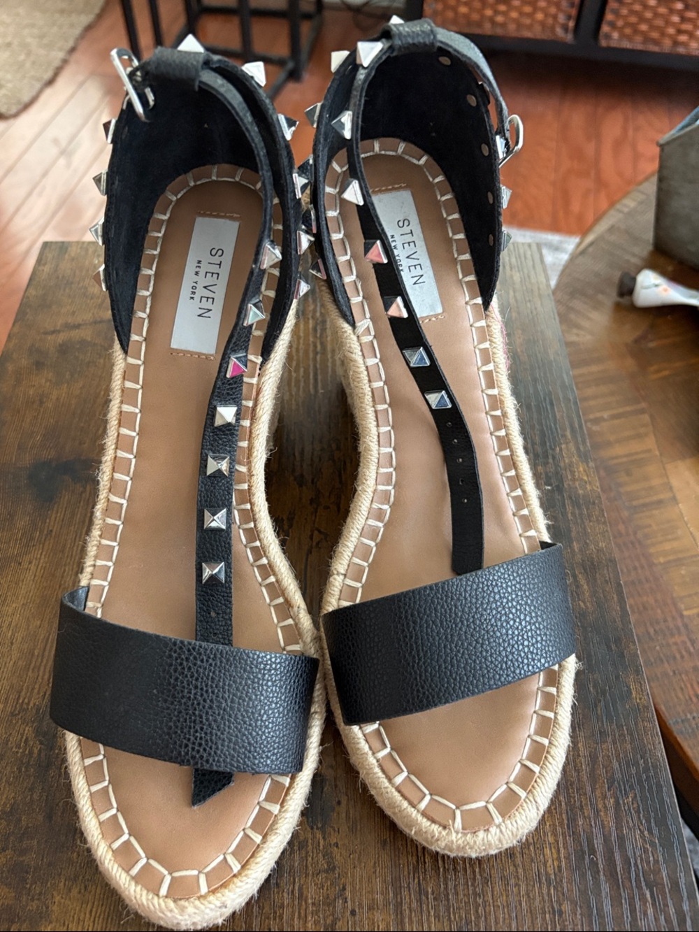 Steve Madden Black Studded Espadrille Wedges.